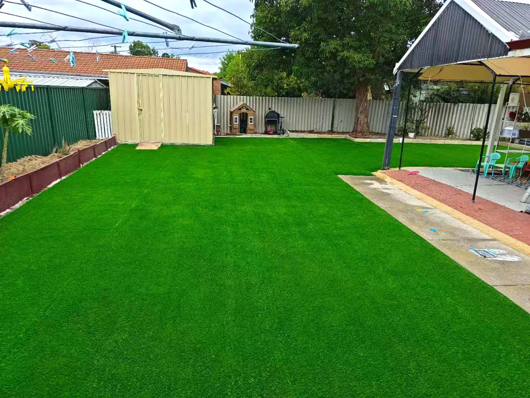 Large lush artificial grass lawn in a family backyard with a cubby house, garden shed and gazebo
